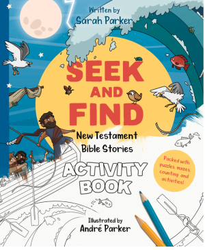 Seek-and-find activity book exploring New Testament Bible stories.